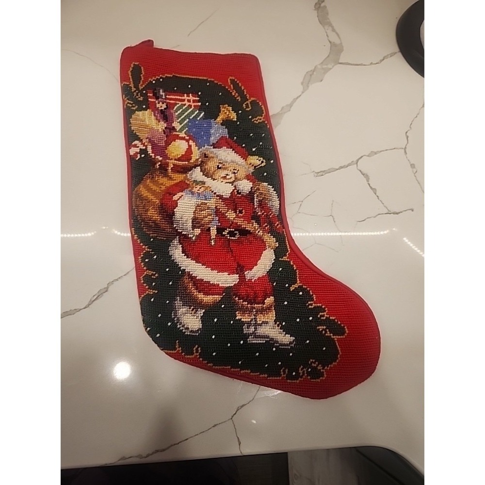 Vintage Wool Canvas Red Needlepoint Christmas Stocking Teddy Bear Santa Presents